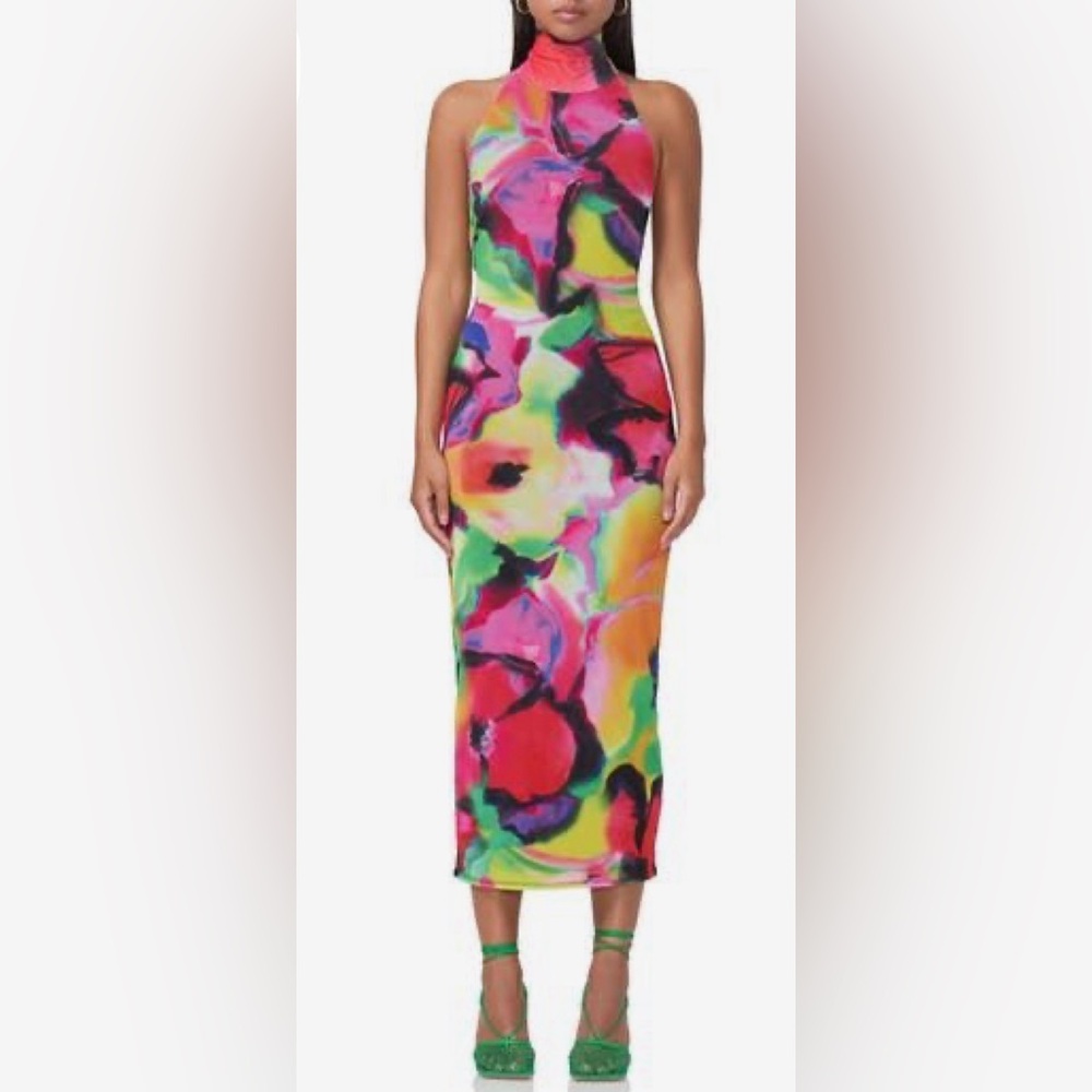 AFRM Olimpia Mesh Halter Dress With Open Back Vivid Colors Size XS New With Tags